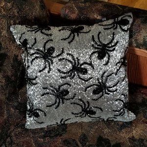 Vintage, hand beaded glass spiders & sparkly glass beads cushion, Noir Night